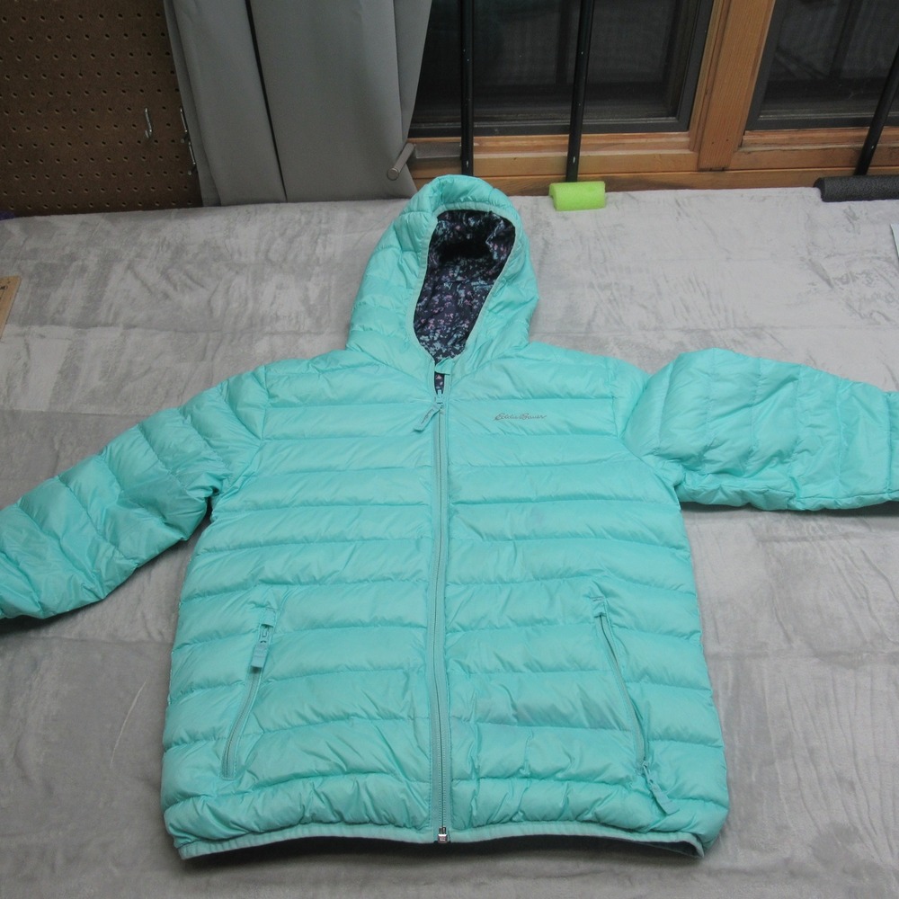 Eddie Bauer Down Jacket Kids Large Blue Reversible Floral Hooded Fill Puffer